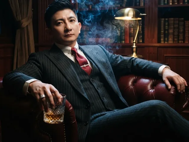 Người đàn ông mặc vest sọc ngồi trên ghế da đỏ trong thư viện gỗ, tay cầm ly whisky, khói mờ ảo bay quanh